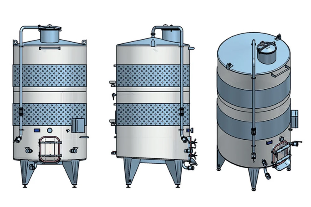 Rezervor pentru stocare vin cu fund plan inclinat si termomantale